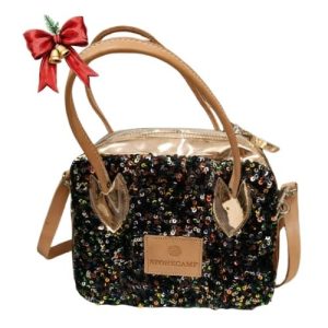 Sequin Handbag with Tan Handles