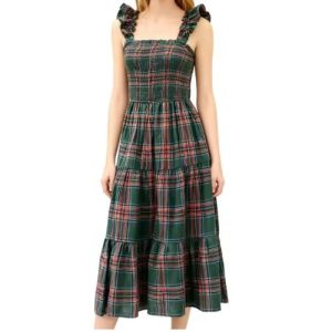 Green Tartan Ruffle Midi Dress