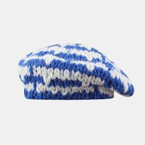 Blue & White Chunky Knit Beret