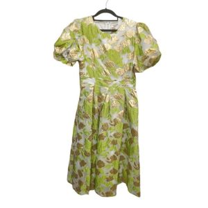 NCC Green and Gold Floral Puff-Sleeve Midi Dress