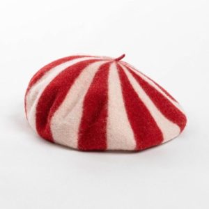 Red and Cream Striped Wool Beret