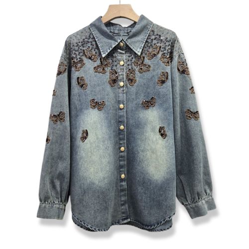 Midnight Flutter Embellished Denim Shirt