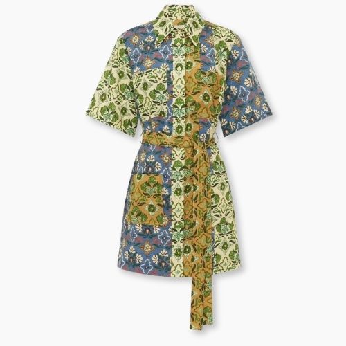 Mosaic Muse linen blend mini shirt dress with blue, green, cream and ochre patchwork print and tie waist.