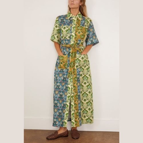 Mosaic Muse linen shirt dress with colourful blue, green, cream and ochre patchwork print and tie waist.