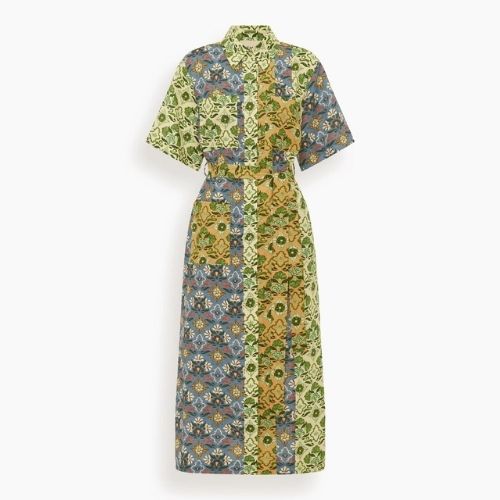 Mosaic Muse linen shirt dress with colourful blue, green, cream and ochre patchwork print and tie waist.