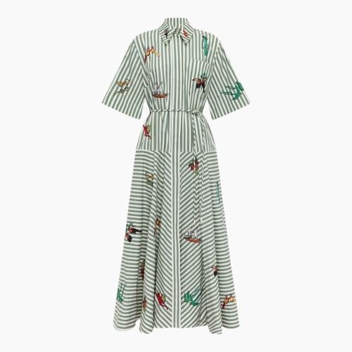 Green and white striped maxi shirt dress with colourful animal motifs, short sleeves, button front and matching tie belt.